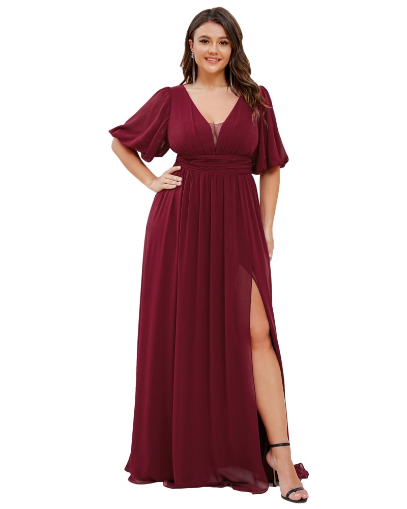 Front of a model wearing a size 10 Chiffon Illusion V-Neck Flutter Sleeve Front Slit Evening Dress in Burgundy by Ever-Pretty. | dia_product_style_image_id:285813